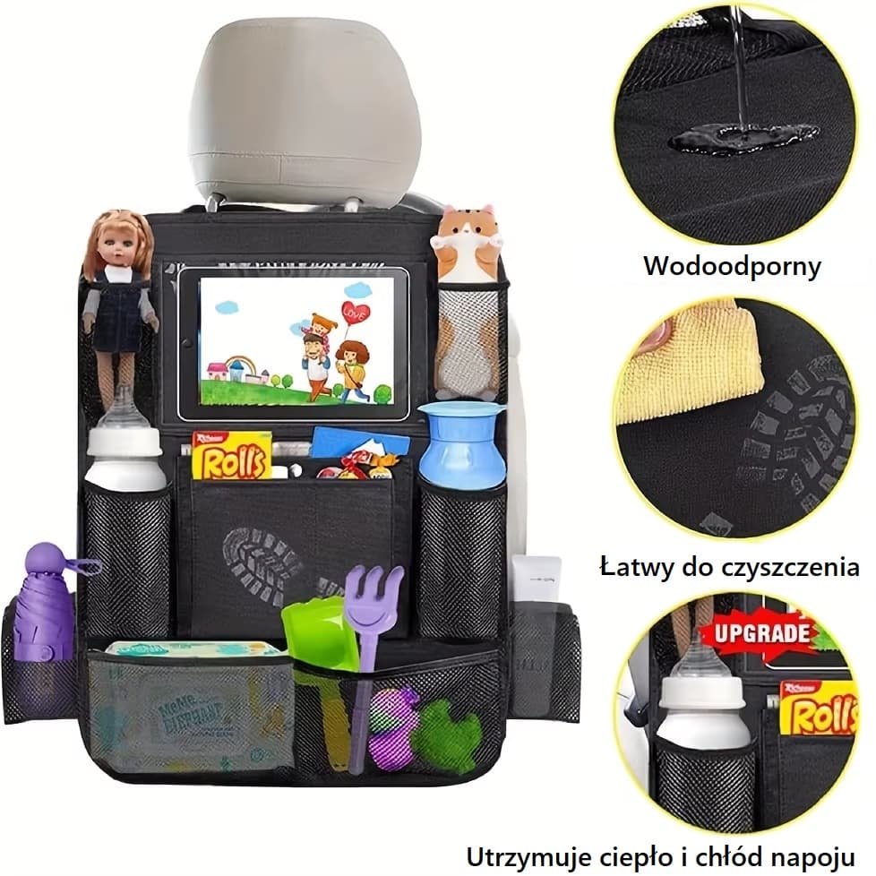 Wielofunkcyjny organizer na oparcie siedzenia samochodu – wodoodporny, chroni fotel przed zabrudzeniami i kopaniem, idealny na zabawki, akcesoria i podróżne drobiazgi